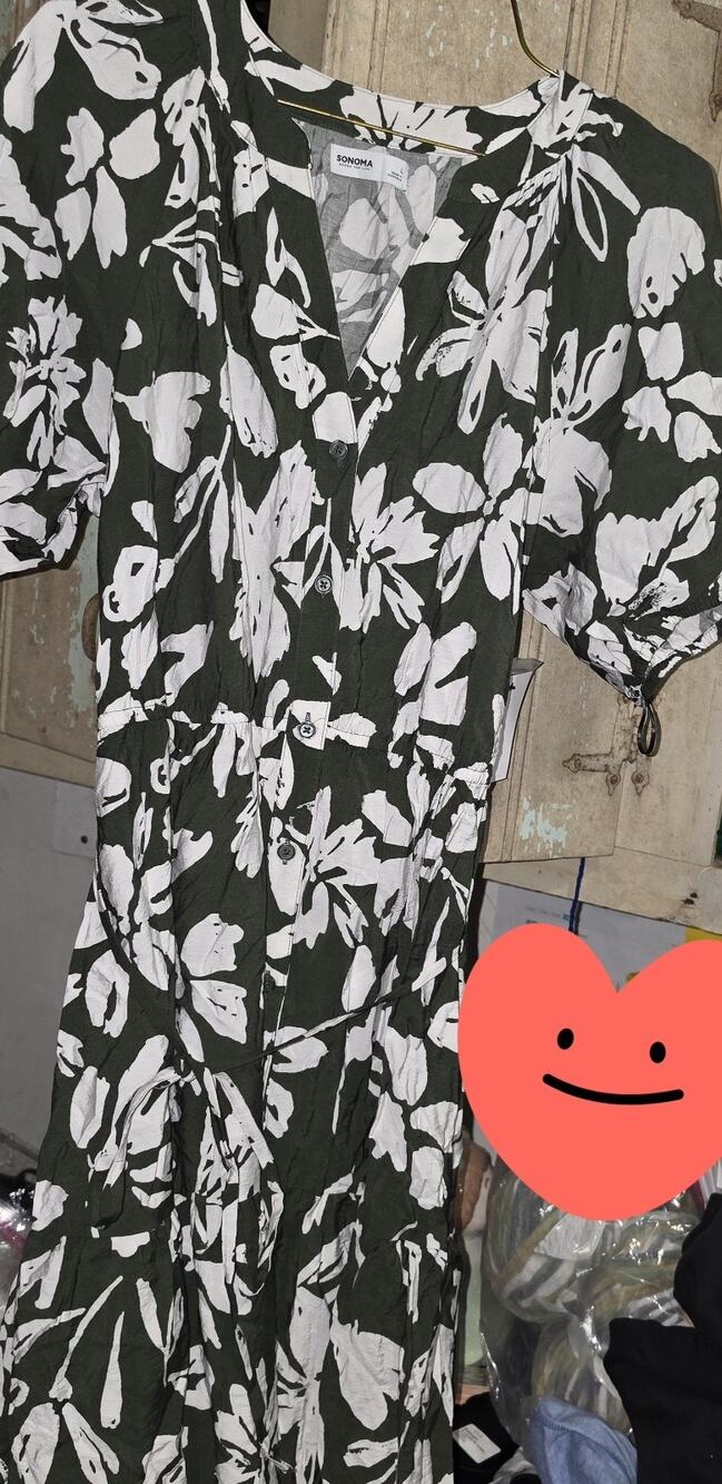 Sonoma Large Dress Short Sleeve Button Down Green White Floral NWT